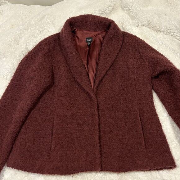 Eileen Fisher Scarlet Deep Plum Boucle Wool Shawl Collar Winter Coat Jacket Sz L - Picture 1 of 9